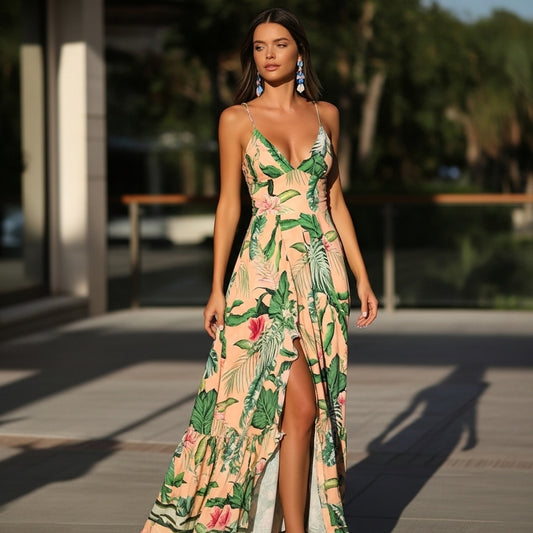 Mujer usando vestido largo tropical con escote en V y tirantes finos